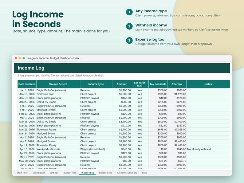 Op de afbeelding: Een digitale spreadsheet-interface getiteld Income Log met kolommen voor datum, bron, inkomstentype, bedrag, belastingstatus en nettototalen. De tekst Log Income in Seconds staat erboven, met drie genummerde punten over inkomstenregistratie.