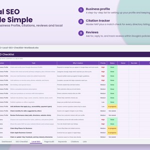 Puede incluir: Una hoja de c&aacute;lculo digital titulada Local SEO Checklist con columnas para secci&oacute;n, tarea, prioridad y estado. Las filas detallan tareas de Google Business Profile y citas NAP, con indicadores de estado como Done o In progress.