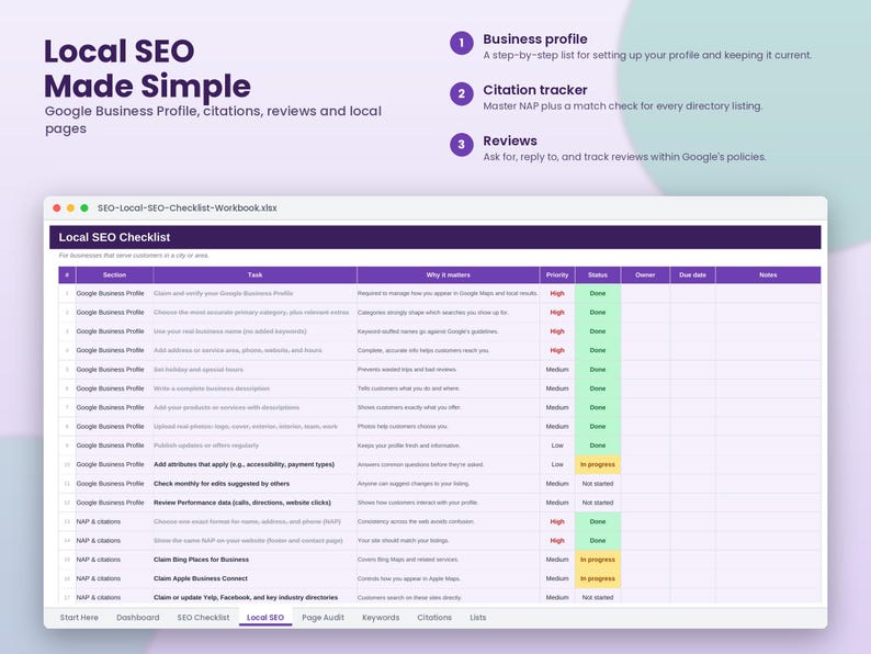 Puede incluir: Una hoja de c&aacute;lculo digital titulada Local SEO Checklist con columnas para secci&oacute;n, tarea, prioridad y estado. Las filas detallan tareas de Google Business Profile y citas NAP, con indicadores de estado como Done o In progress.