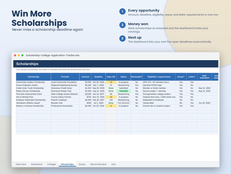 May include: A digital scholarship application tracker spreadsheet titled Scholarship-College-Application-Tracker.xlsx. The interface displays columns for scholarship names, providers, amounts, deadlines, status, and requirements.