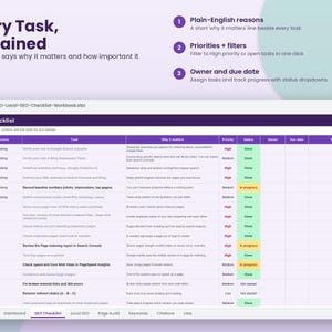Puede incluir: Una hoja de c&aacute;lculo digital titulada SEO Checklist en una pantalla, con columnas para secci&oacute;n, tarea, importancia, prioridad, estado, responsable, fecha de entrega y notas, mostrando filas con diversas tareas de SEO y su estado.