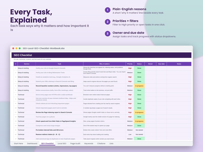 Puede incluir: Una hoja de c&aacute;lculo digital titulada SEO Checklist en una pantalla, con columnas para secci&oacute;n, tarea, importancia, prioridad, estado, responsable, fecha de entrega y notas, mostrando filas con diversas tareas de SEO y su estado.
