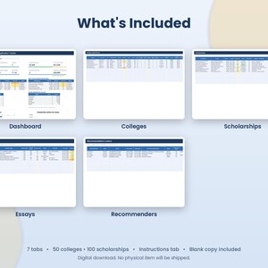 May include: A digital college application and scholarship tracker spreadsheet featuring five distinct views: Dashboard, Colleges, Scholarships, Essays, and Recommenders. The layout includes tables with blue headers and white cells.
