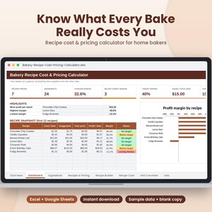 K&ouml;nnte beinhalten: Eine digitale Tabellenkalkulation mit dem Titel Bakery Recipe Cost & Pricing Calculator auf einem Laptop-Bildschirm. Das Dashboard zeigt Rezeptkennzahlen, Gewinnspannen und ein Balkendiagramm f&uuml;r verschiedene Backwaren.