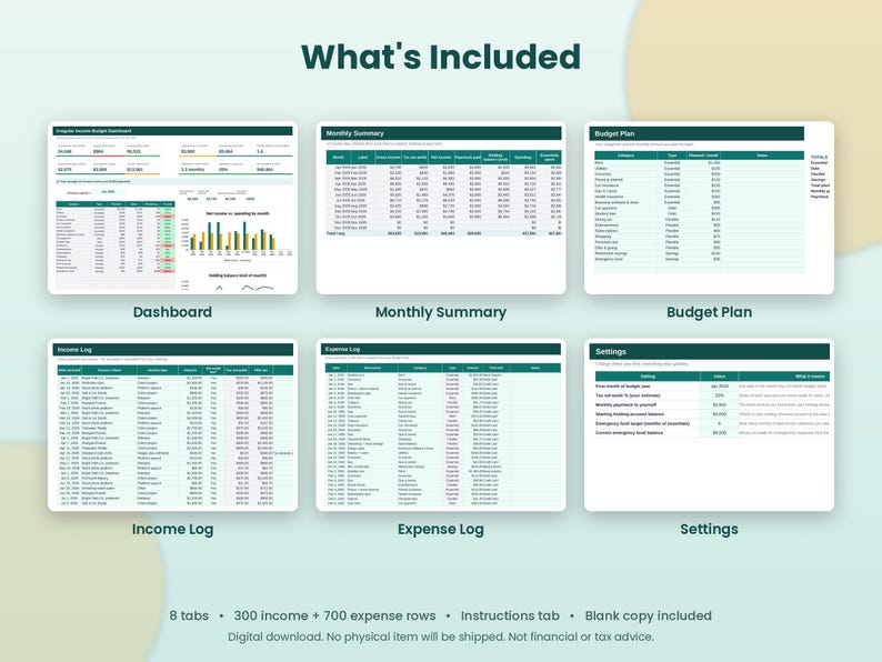 Op de afbeelding: Een digitaal budget-spreadsheet-sjabloon met zes verschillende secties: Dashboard, Monthly Summary, Budget Plan, Income Log, Expense Log en Settings. Elke sectie toont financi&euml;le gegevens in tabellen en grafieken met donkergroene koppen.