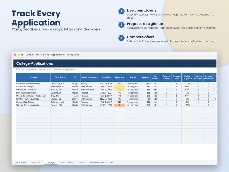 May include: A digital spreadsheet titled Scholarship-College-Application-Tracker.xlsx displaying a table for tracking college applications. Columns include college name, location, fit, plan, deadline, days left, status, fees, and essay progress.