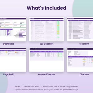 Puede incluir: Un libro de trabajo digital de SEO y SEO local que presenta seis vistas de hoja de c&aacute;lculo distintas etiquetadas como Dashboard, SEO Checklist, Local SEO, Page Audit, Keyword Tracker y Citations. El texto What's Included est&aacute; en la parte superior.