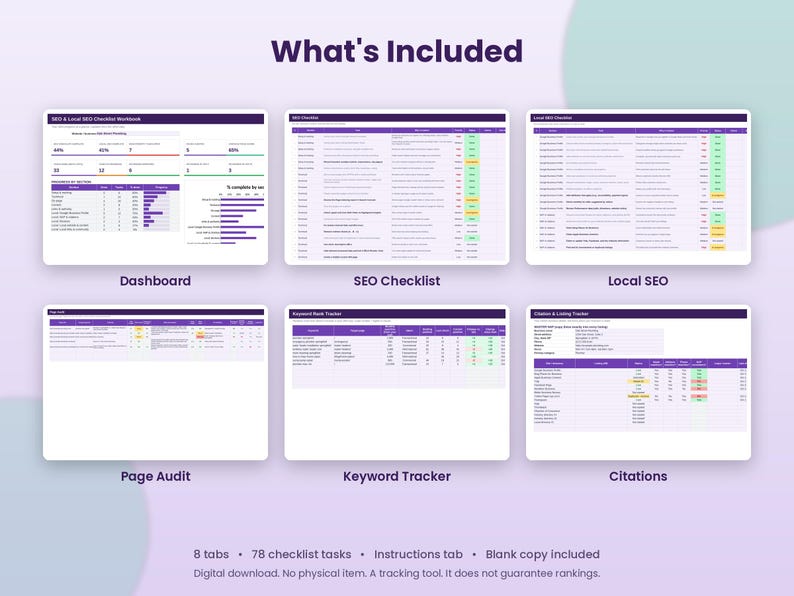 Puede incluir: Un libro de trabajo digital de SEO y SEO local que presenta seis vistas de hoja de c&aacute;lculo distintas etiquetadas como Dashboard, SEO Checklist, Local SEO, Page Audit, Keyword Tracker y Citations. El texto What's Included est&aacute; en la parte superior.