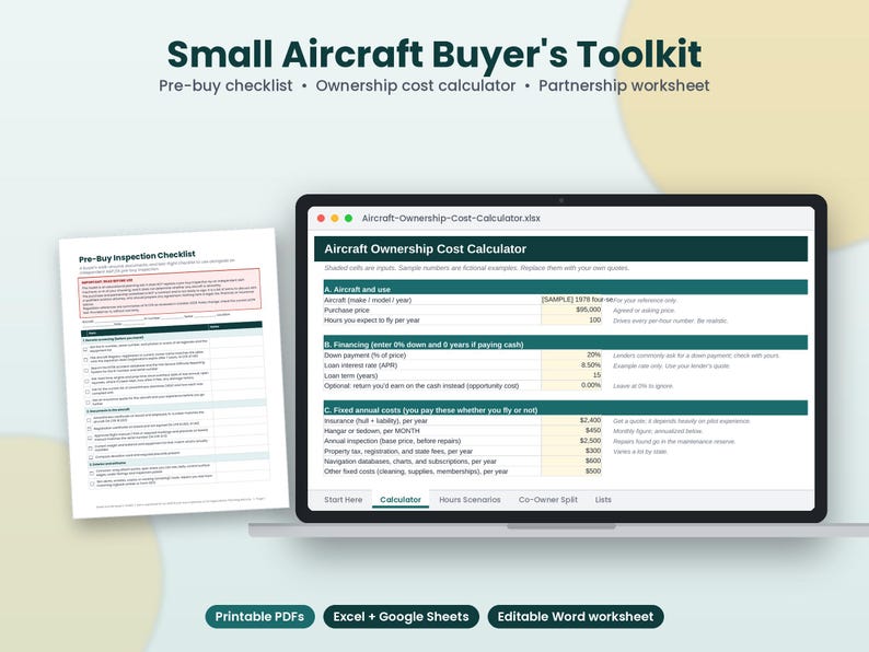 以下が含まれることがあります： Small Aircraft Buyer's Toolkit。購入前点検チェックリストの書類と、ノートパソコンの画面に表示された航空機所有コスト計算用スプレッドシート。印刷可能なPDF、Excel、Googleスプレッドシート、Word形式のラベル付き。
