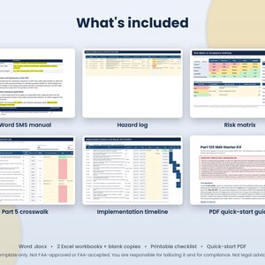 May include: A digital document collection titled What's included, featuring a Word SMS manual, hazard log, risk matrix, Part 5 crosswalk, implementation timeline, and a PDF quick-start guide. The set includes Word .docx, two Excel workbooks, a printable checklist, and a quick-start PDF.