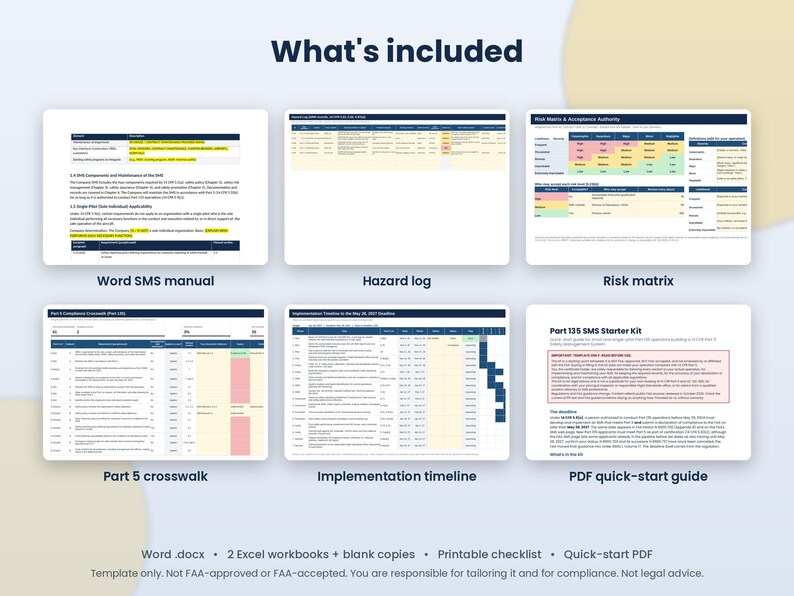 May include: A digital document collection titled What's included, featuring a Word SMS manual, hazard log, risk matrix, Part 5 crosswalk, implementation timeline, and a PDF quick-start guide. The set includes Word .docx, two Excel workbooks, a printable checklist, and a quick-start PDF.