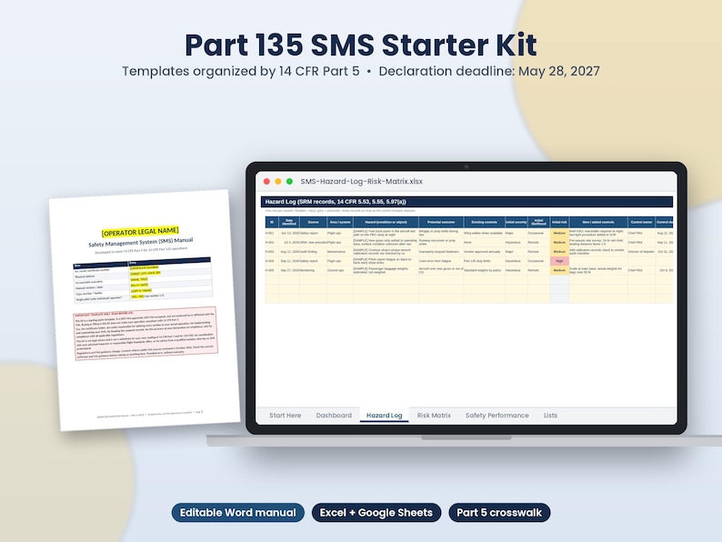 May include: A Part 135 SMS Starter Kit featuring a digital laptop display of a Hazard Log spreadsheet and a printed Safety Management System manual. The text includes Part 135 SMS Starter Kit, 14 CFR Part 5, and a May 28, 2027 deadline.