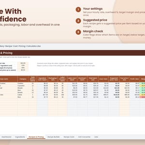 May include: A digital spreadsheet titled Bakery-Recipe-Cost-Pricing-Calculator.xlsx displaying a table of recipes, costs, and margins. The interface includes sections for settings, suggested pricing, and margin checks with color-coded status indicators.