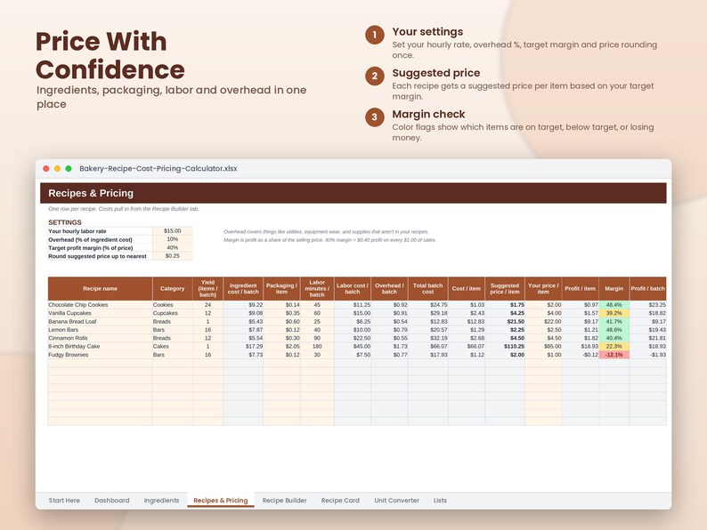May include: A digital spreadsheet titled Bakery-Recipe-Cost-Pricing-Calculator.xlsx displaying a table of recipes, costs, and margins. The interface includes sections for settings, suggested pricing, and margin checks with color-coded status indicators.