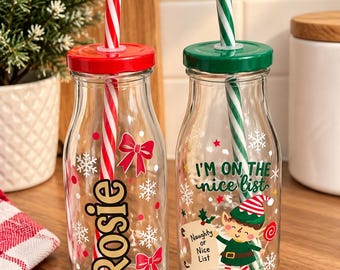 Personalised Christmas Glass Milk Bottle with Straw and Lid, Custom Name Festive Bottle, Christmas Eve Box Filler
