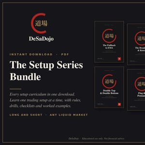 以下が含まれることがあります： DeSaDojoのThe Setup Series Bundleというデジタルセット。赤い円形ロゴと日本語のテキストが特徴の黒い教育用PDFガイドが5冊含まれています。ガイドには、The Pullback to EMA、The Breakout & Retest、Support & Resistance Bounce、Double Top & Double Bottom、Flag & Pennant、Inside Bar Breakoutといったトレーディングのトピックが記載されています。