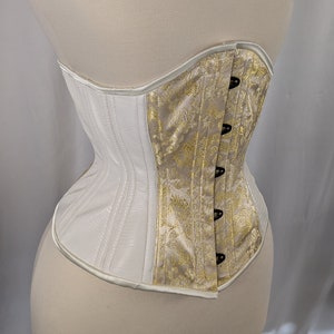 Ivory and Gold Dragon Vinyl and Brocade Steel Boned Mid Hip Underbust Corset