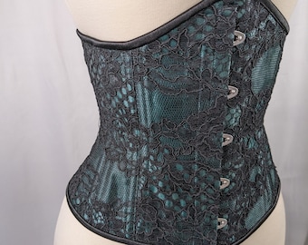 Black Lace and Green Satin Steel Boned Low Curve Mid Hip Underbust Corset