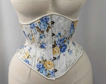 Blue Yellow and Ivory Floral Jacquard Steel Boned High Hip Underbust Corset