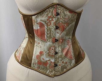 Ivory Gold and Coral Brocade and Satin Steel Boned Low Curve Mid Hip Underbust Corset