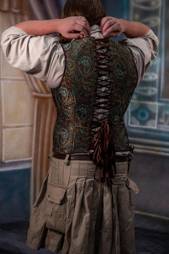 Copper & Teal Paisley Brocade Masculine Men's Corset Vest - Etsy
