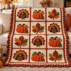 May include: A cream-colored crochet blanket featuring a grid of twelve squares decorated with three-dimensional appliqués of orange pumpkins, brown turkeys, and multicolored autumn leaves, finished with a scalloped rust-colored border.