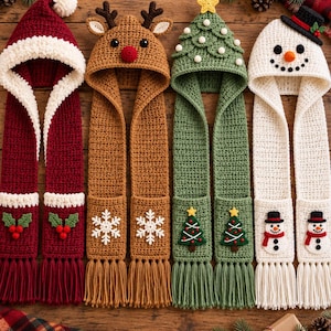 May include: Four crochet hooded scarves with fringe, featuring holiday designs: a red Santa hat with holly, a brown reindeer with antlers and a red nose, a green Christmas tree with a yellow star, and a white snowman with a black top hat.