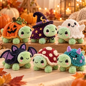 Halloween Turtle Crochet Pattern PDF, Amigurumi Turtle with 6 Removable Costumes, Pumpkin Witch Ghost Bat Mushroom Monster