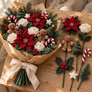 May include: A crochet Christmas bouquet wrapped in brown paper with a beige ribbon. The arrangement features red poinsettias, white roses, gingerbread figures, candy canes, green pine branches, and small stars on individual stems.
