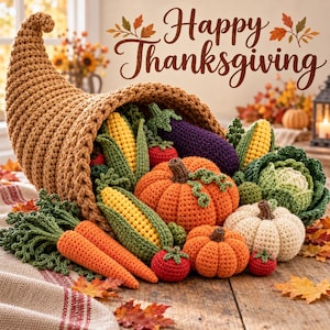 May include: A crochet cornucopia overflowing with various vegetables including orange pumpkins, yellow corn, green cabbage, orange carrots, red tomatoes, and a purple eggplant. The text Happy Thanksgiving is displayed in brown script above the items.