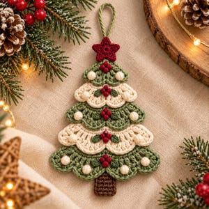 May include: A crocheted Christmas tree ornament featuring alternating layers of sage green and cream yarn. The tree is topped with a small red star, decorated with tiny red berry clusters and cream-colored bobbles, and has a brown trunk.