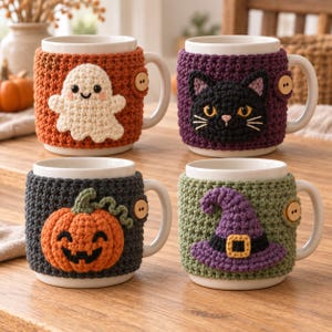 May include: Four white ceramic mugs featuring removable crochet cozies. The cozies display a white ghost on orange, a black cat on purple, an orange pumpkin on dark gray, and a purple witch hat on green, each secured with a wooden button.