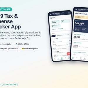 May include: Two smartphones displaying the 1099 Tax & Expense Tracker App interface. The screens show financial data, expense lists, net profit, and estimated tax calculations. Text includes Offline Tax App, Schedule C, and Planwell Design Store.