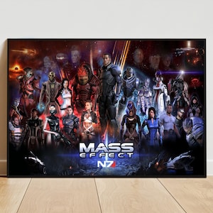 May include: A rectangular wall poster featuring a large ensemble of science fiction characters in armor and futuristic clothing against a dark, cosmic background. The text MASS EFFECT N7 is printed in white and red at the bottom center.