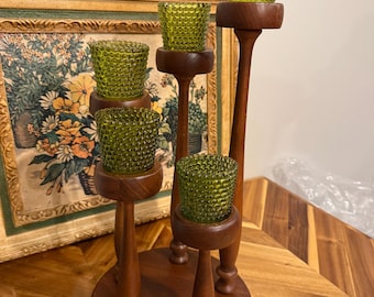Vintage wooden candelabra with green glass hobnail votive cups that are flat bottomed and  removable.