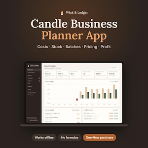 Pode incluir: Uma tela de computador exibindo a interface do aplicativo Wick & Ledger Candle Business Planner, com um painel contendo gráficos financeiros, níveis de estoque e rastreamento de lotes. O texto diz Candle Business Planner App, Costs, Stock, Batches, Pricing, Profit.