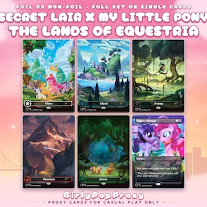 May include: A collection of six Secret Lair x My Little Pony: The Lands of Equestria trading cards featuring Plains, Island, Swamp, Mountain, Forest, and Night's Whisper. Each card displays colorful illustrated scenes with ponies and landscapes.
