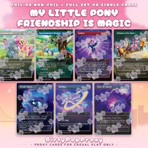 May include: A collection of seven My Little Pony Friendship Is Magic themed trading cards featuring colourful illustrations of various characters, game text, and ability descriptions, presented in a grid layout with a watermark overlay.