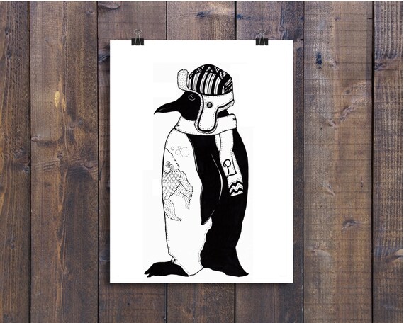 Pingwin Sztuki Rysunku Pingwin Pingwin Ilustracji Pióro I Atrament Rysunek Sztuka Czarno Białe Rysunek Tuszem Ptak Sztuka Zabawa Sztuka