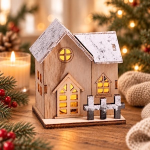 May include: A small wooden house decoration with a light-up interior, featuring a white faux-snow finish on the roof and a small fence. The structure has a central door, a circular window, and a rectangular window, all emitting a warm glow.