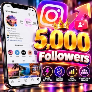 May include: A smartphone displaying an Instagram profile with 5,000 followers, next to a large, glowing, gold-coloured 3D text graphic that reads 5,000 Followers, topped with a golden crown and an Instagram logo icon.