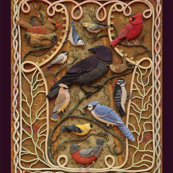 18 x 24 Poster - Birds of Beebe Woods - printed reproduction of bas-relief embroidery