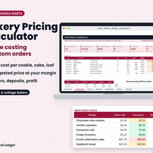 Bakery Pricing Calculator, Recipe Cost Spreadsheet, Home Bakery Order Tracker, Cake & Cookie Pricing, Excel Google Sheets