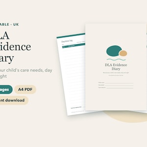 Könnte beinhalten: Ein druckbares DLA Evidence Diary Dokumentenset mit cremefarbenem Einband, einer abstrakten Grafik in Petrol und Beige, dunkelgrünem Text und liniertem Innenbereich zur Dokumentation von Pflegebedürfnissen, als 10-seitiges A4-PDF.