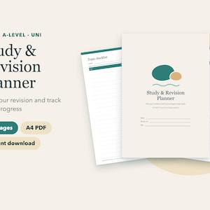 Pode incluir: Um planejador digital de estudos e revisões com fundo creme, apresentando texto em verde escuro que diz Study & Revision Planner, GCSE, A-LEVEL, UNI e 10 pages A4 PDF. O planejador inclui páginas pautadas com listas de verificação.