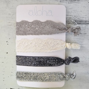 Lace Hair - no snag hair tie- Elastic Hair Ties - Glitter Hair Ties -  No Crease Hair Ties - Lace hair ties - Set of 4