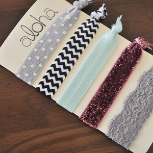 No Crease Hair Ties - Set of 5 Ties - women's elastic hair tie - chevron - knotted tie - elastic hair tie - glitter hair tie