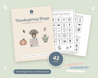 May include: A Thanksgiving Bingo game set for kids featuring a beige cover with a turkey, pumpkin, and apple illustration. The text reads Thanksgiving Bingo, Picture Bingo for Kids - 2 Levels, and 42 Cards. Includes printable game sheets with black and white icons of seasonal items like leaves, corn, and candles.