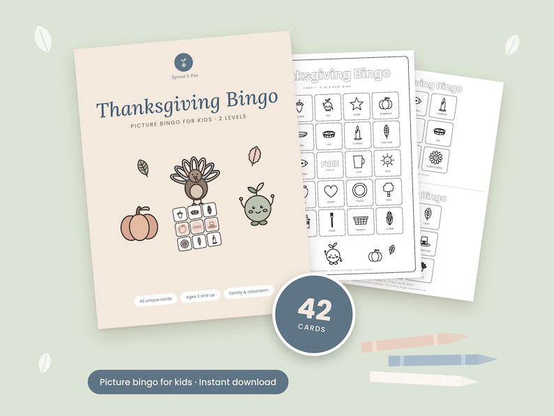 May include: A Thanksgiving Bingo game set for kids featuring a beige cover with a turkey, pumpkin, and apple illustration. The text reads Thanksgiving Bingo, Picture Bingo for Kids - 2 Levels, and 42 Cards. Includes printable game sheets with black and white icons of seasonal items like leaves, corn, and candles.