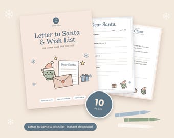 May include: A 10-page printable Letter to Santa and Wish List set featuring a light pink cover with a cartoon character in a Santa hat, an envelope, and gift icons. The pages include fill-in-the-blank templates for children to write to Santa.
